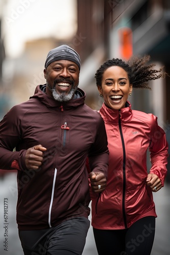 Active sporty middle-aged black couple running in the city.