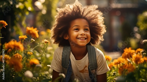 Smiling black kid with afro hair playing in the park during summer