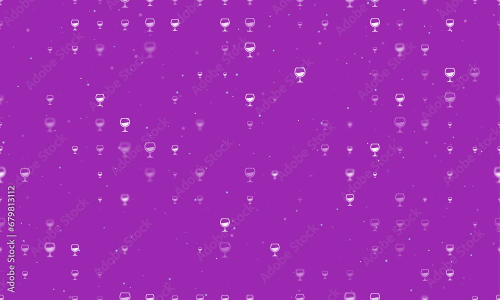 Seamless background pattern of evenly spaced white wineglass symbols of different sizes and opacity. Vector illustration on purple background with stars