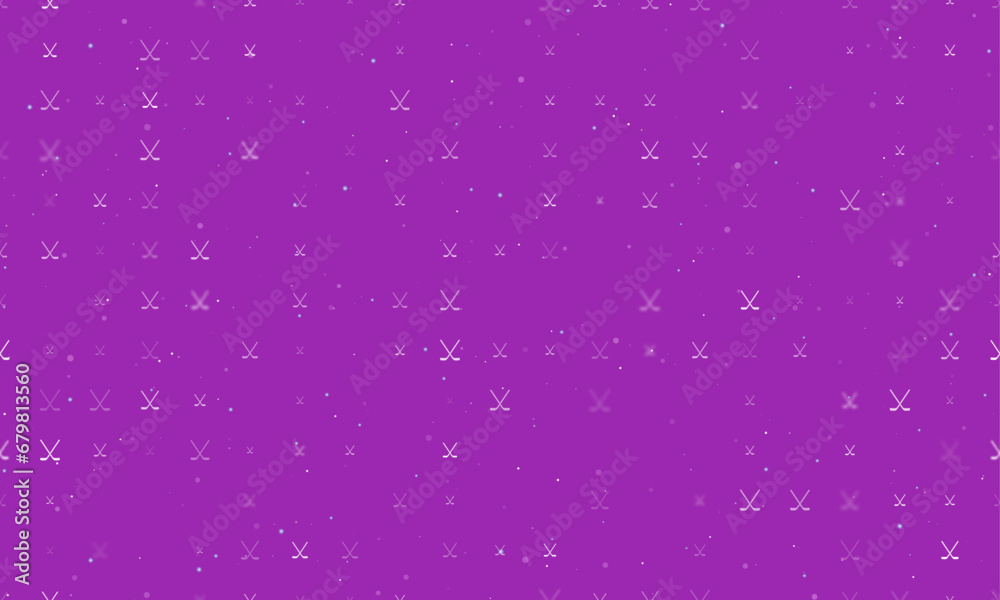 Seamless background pattern of evenly spaced white hockey symbols of different sizes and opacity. Vector illustration on purple background with stars Seamless background pattern of evenly spaced white hockey symbols of different sizes and opacity. Vector illustration on purple background with stars