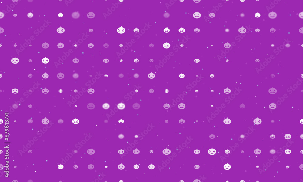 Seamless background pattern of evenly spaced white halloween pumpkin symbols of different sizes and opacity. Vector illustration on purple background with stars