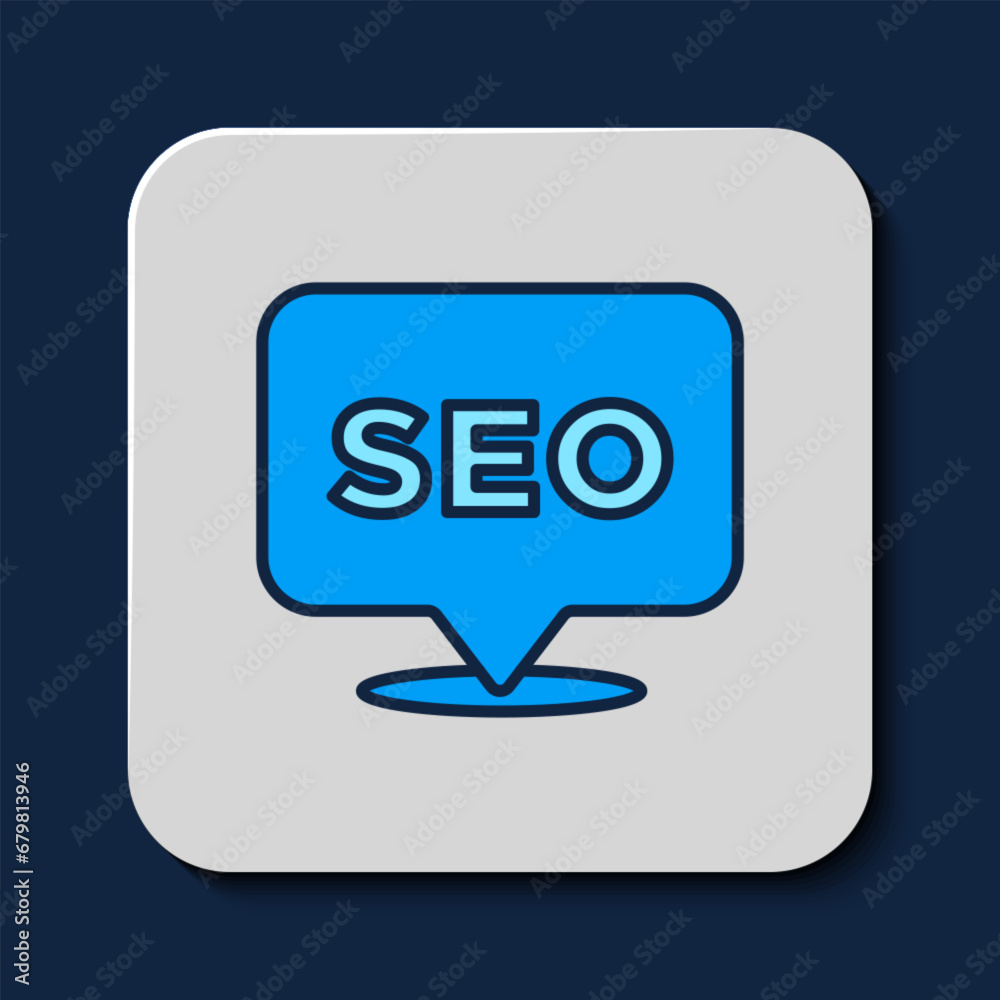 Filled outline SEO optimization icon isolated on blue background. Vector