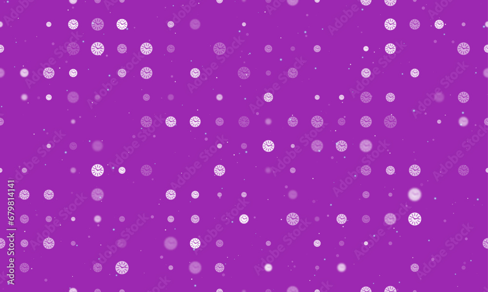 Seamless background pattern of evenly spaced white clock symbols of different sizes and opacity. Vector illustration on purple background with stars Seamless background pattern of evenly spaced white clock symbols of different sizes and opacity. Vector illustration on purple background with stars
