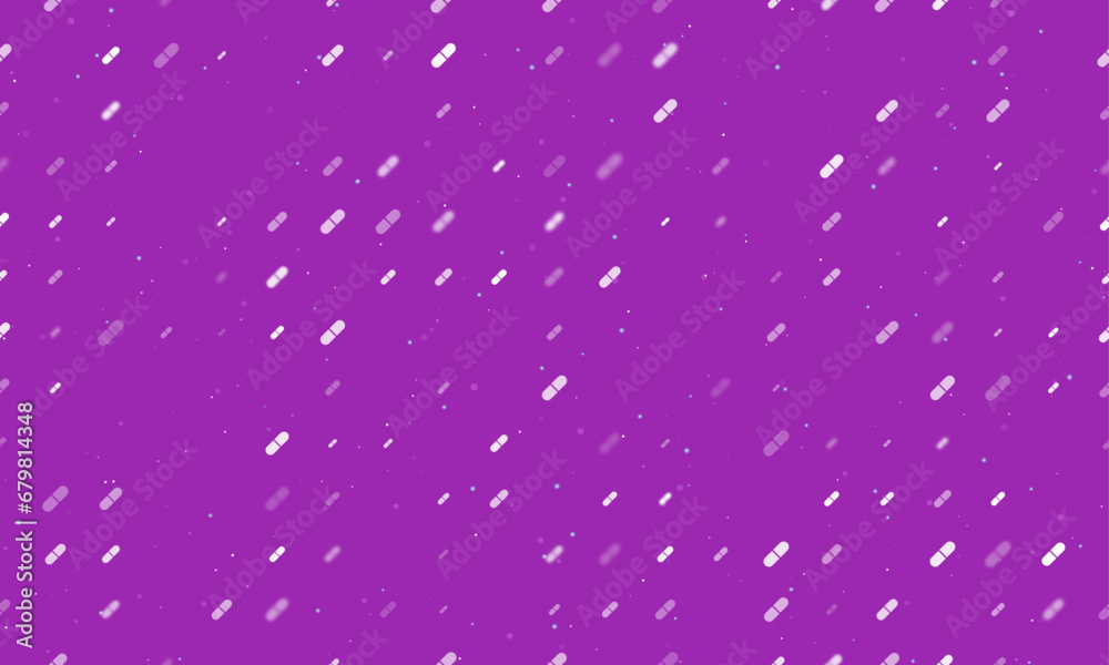 Seamless background pattern of evenly spaced white medical capsule symbols of different sizes and opacity. Vector illustration on purple background with stars