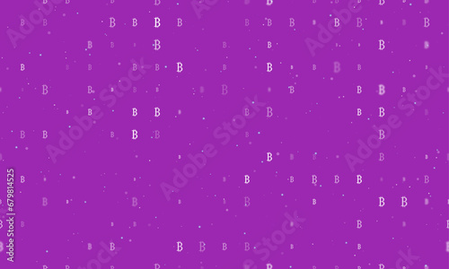 Seamless background pattern of evenly spaced white bitcoin symbols of different sizes and opacity. Vector illustration on purple background with stars