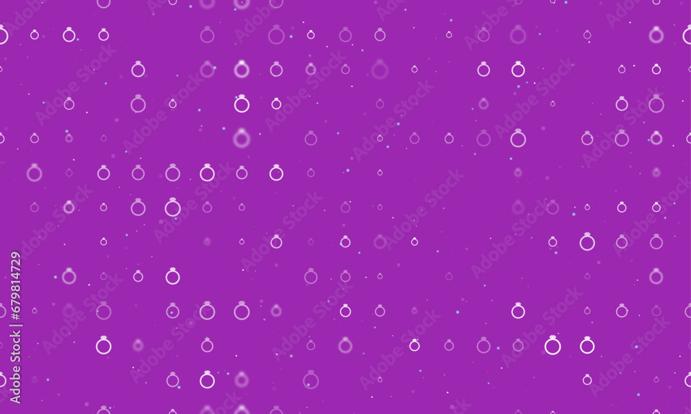 Seamless background pattern of evenly spaced white diamond ring symbols of different sizes and opacity. Vector illustration on purple background with stars Seamless background pattern of evenly spaced white diamond ring symbols of different sizes and opacity. Vector illustration on purple background with stars