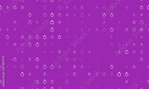 Seamless background pattern of evenly spaced white diamond ring symbols of different sizes and opacity. Vector illustration on purple background with stars