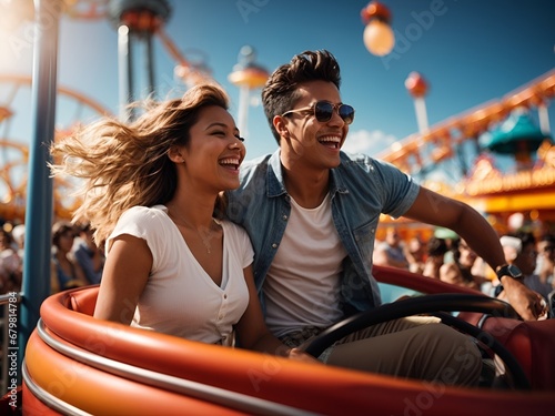 Excited couple enjoying a thrilling, high-speed ride at an amusement park, their laughter symbolizing the fun of a summer vacation. 