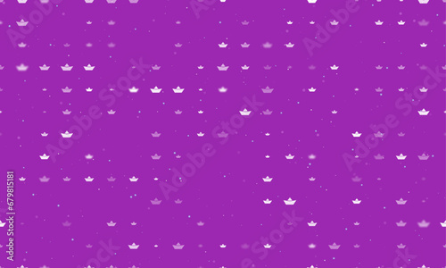 Seamless background pattern of evenly spaced white paper boat symbols of different sizes and opacity. Vector illustration on purple background with stars