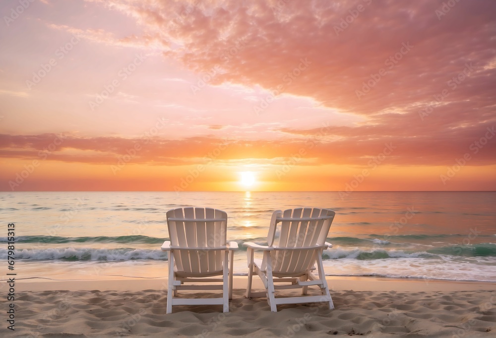 Sunset on the beach with two chaise lounges, beach, chair, sea, sand, ocean, sky, summer, vacation, tropical, water, relax, coast, travel, sunset, island, sun, nature, holiday, resort, landscape