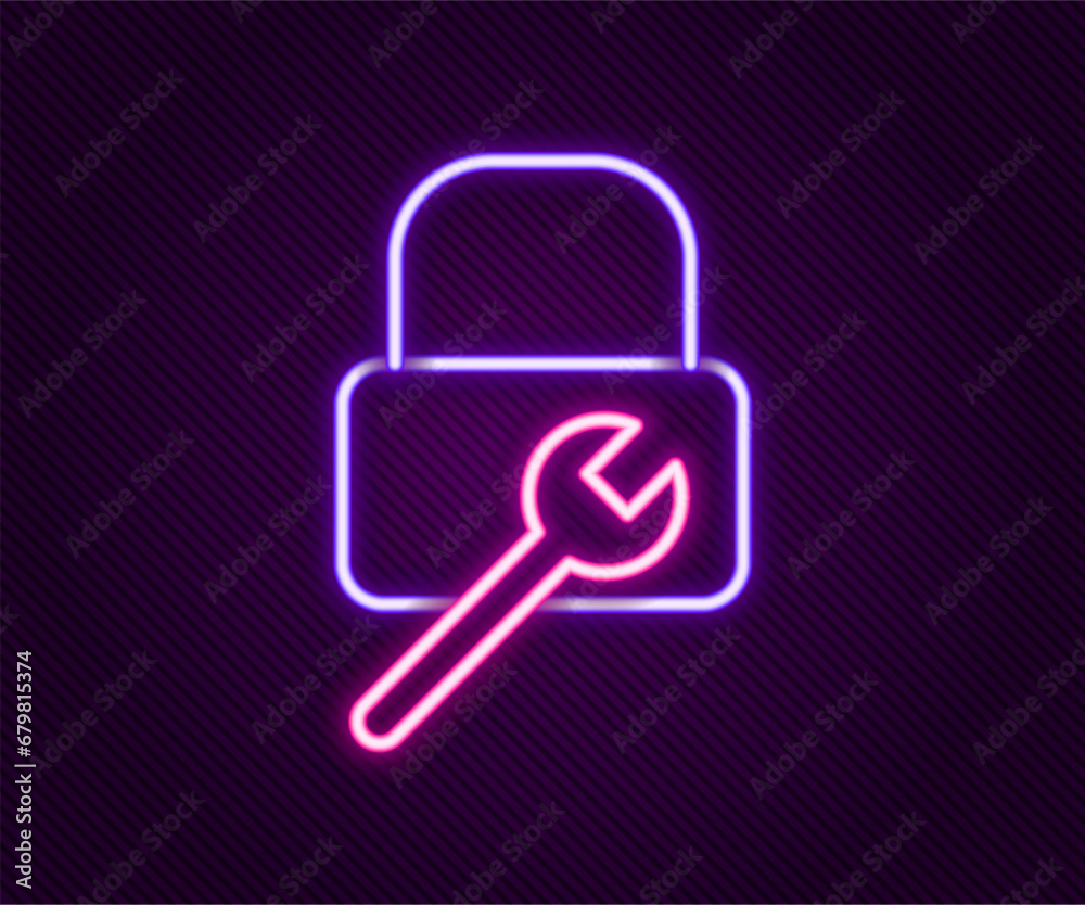 Glowing neon line Lock repair icon isolated on black background. Padlock sign. Security, safety, protection, privacy concept. Colorful outline concept. Vector Glowing neon line Lock repair icon isolated on black background. Padlock sign. Security, safety, protection, privacy concept. Colorful outline concept. Vector