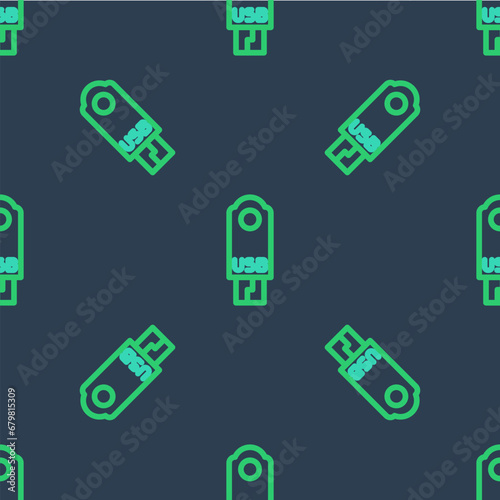 Line USB flash drive icon isolated seamless pattern on blue background. Vector © Kostiantyn