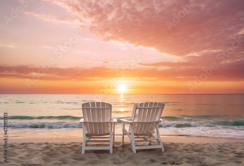 Sunset on the beach with two chaise lounges  beach  chair  sea  sand  ocean  sky  summer  vacation  tropical  water  relax  coast  travel  sunset  island  sun  nature  holiday  resort  landscape