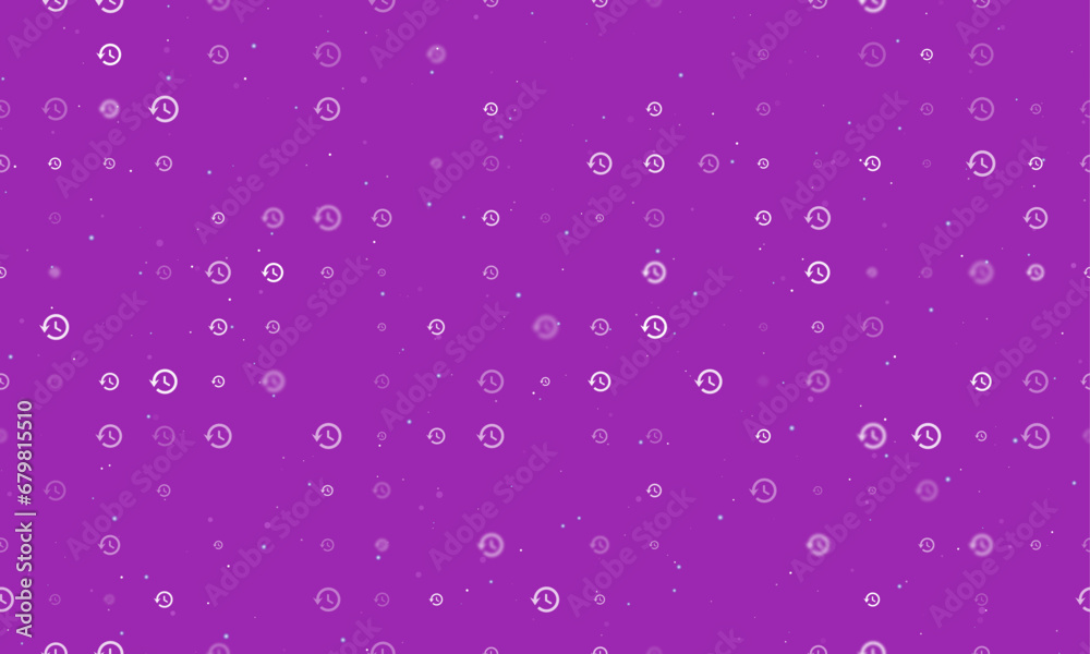 Seamless background pattern of evenly spaced white time back symbols of different sizes and opacity. Vector illustration on purple background with stars Seamless background pattern of evenly spaced white time back symbols of different sizes and opacity. Vector illustration on purple background with stars