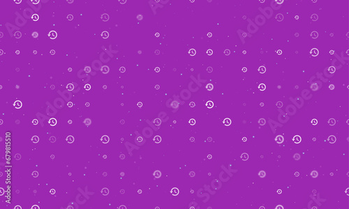 Seamless background pattern of evenly spaced white time back symbols of different sizes and opacity. Vector illustration on purple background with stars