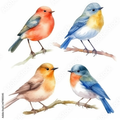set various small winter birds on a branch of watercolors on white background