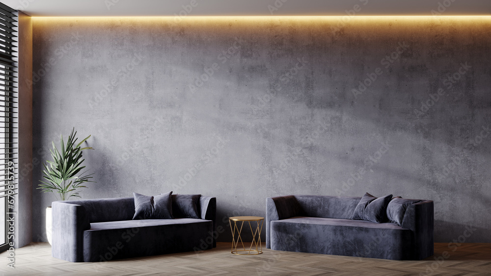 Luxury premium living room with sofas and table. Accent empty wall with decorative plaster stucco - gray microcement texture concrete. Dark blue navy interior design reception. Mockup art. 3d render  - obrazy, fototapety, plakaty 