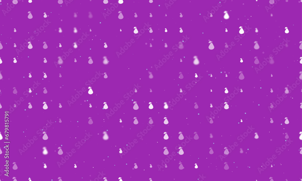 Seamless background pattern of evenly spaced white pear symbols of different sizes and opacity. Vector illustration on purple background with stars Seamless background pattern of evenly spaced white pear symbols of different sizes and opacity. Vector illustration on purple background with stars