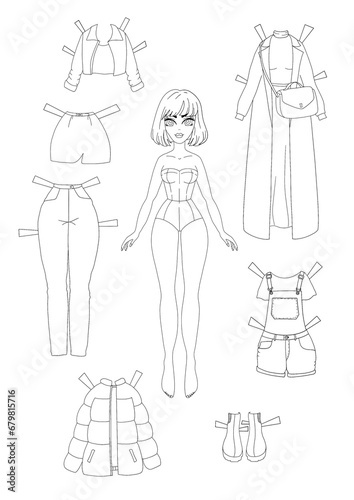 Colouring page with paper doll and dress 
 photo