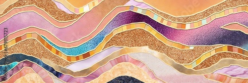 Abstract art deco background, wallpaper, minimalist geometric pattern, modern mosaic inlay, texture of bright multicolored marble agate and gold, stone, marbled tile, minimal. Generative AI, AI