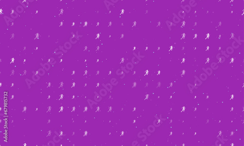 Seamless background pattern of evenly spaced white running woman symbols of different sizes and opacity. Vector illustration on purple background with stars