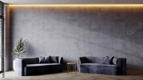 Luxury premium living room with sofas and table. Accent empty wall with decorative plaster stucco - gray microcement texture concrete. Dark blue navy interior design reception. Mockup art. 3d render  photo