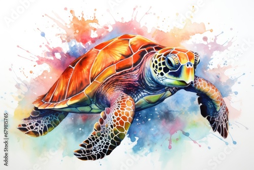 watercolor Turtle illustration with splash watercolor textured background