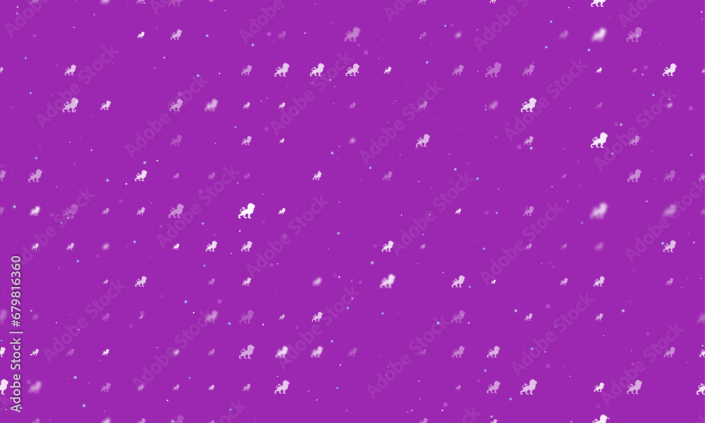 Seamless background pattern of evenly spaced white lion symbols of different sizes and opacity. Vector illustration on purple background with stars