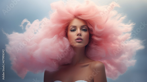 Portrait of a beautiful young woman with pink hair blowing in the wind.