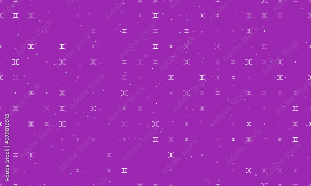 Seamless background pattern of evenly spaced white zodiac gemini symbols of different sizes and opacity. Vector illustration on purple background with stars