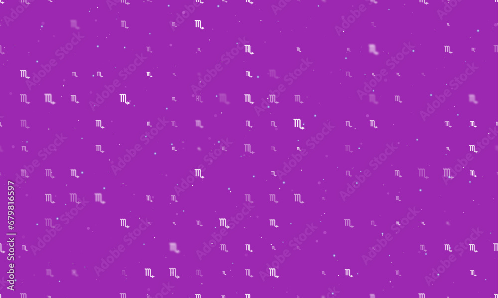 Seamless background pattern of evenly spaced white zodiac scorpio symbols of different sizes and opacity. Vector illustration on purple background with stars