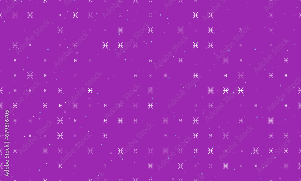 Seamless background pattern of evenly spaced white zodiac pisces symbols of different sizes and opacity. Vector illustration on purple background with stars