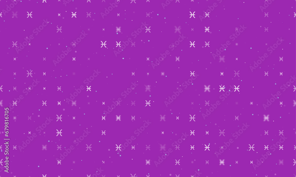 Seamless background pattern of evenly spaced white zodiac pisces symbols of different sizes and opacity. Vector illustration on purple background with stars Seamless background pattern of evenly spaced white zodiac pisces symbols of different sizes and opacity. Vector illustration on purple background with stars