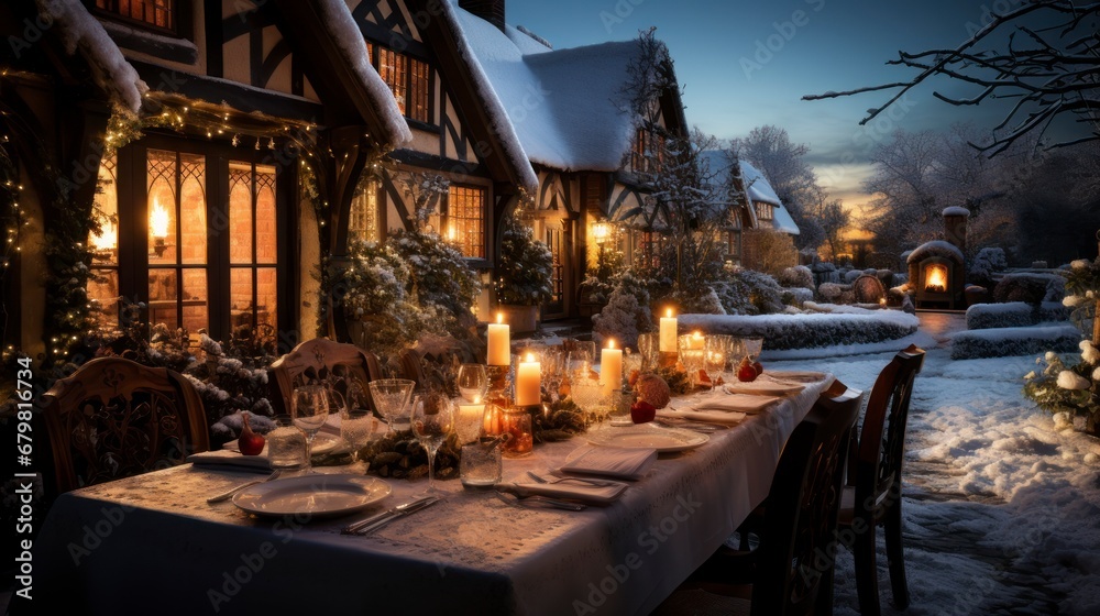 Cozy Christmas Dinner: Festive Table Setting in a Snowy Evening Home Cozy Christmas Dinner: Festive Table Setting in a Snowy Evening Home