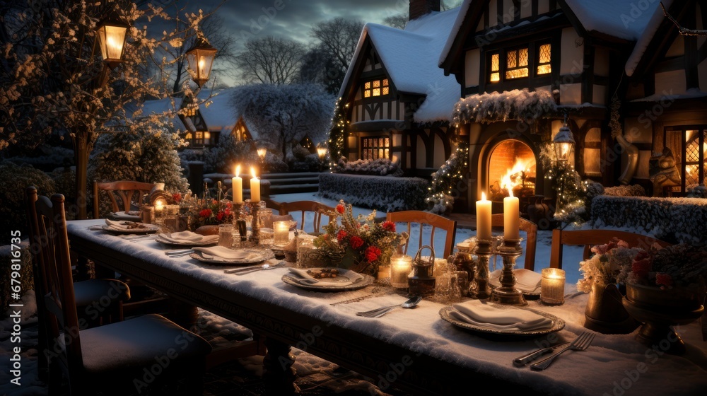Cozy Christmas Dinner: Festive Table Setting in a Snowy Evening Home Cozy Christmas Dinner: Festive Table Setting in a Snowy Evening Home