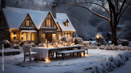 Cozy Christmas Dinner: Festive Table Setting in a Snowy Evening Home © Tony