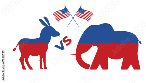 Elephant VS donkey poster for United States presidential election 2024. Election of USA. American Democrats and Republicans parties. photo