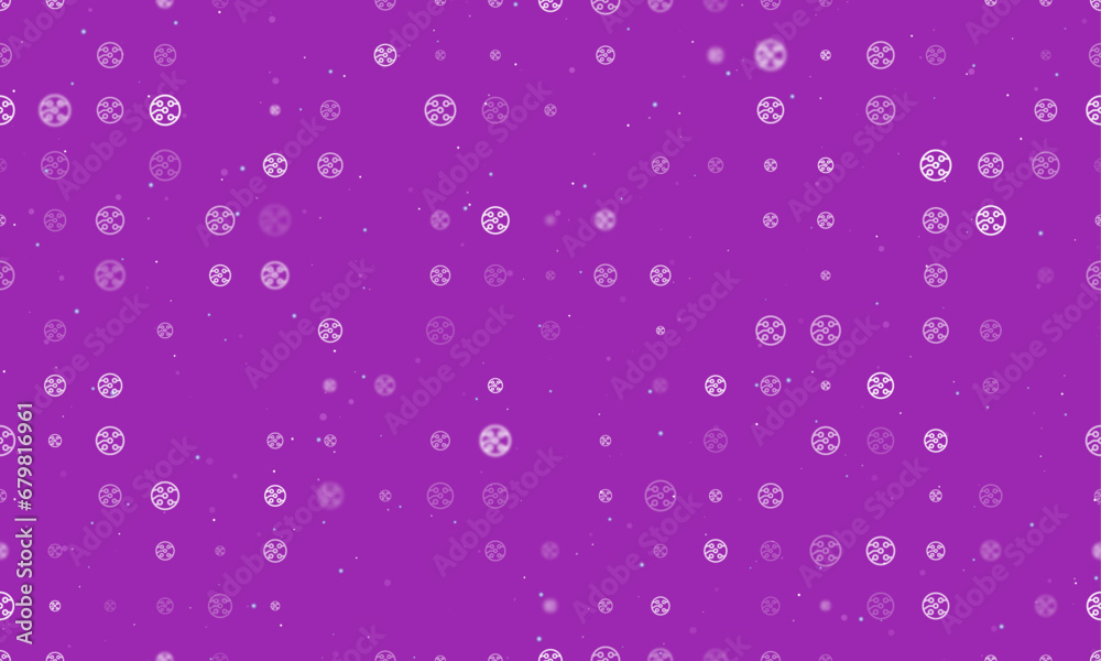 Seamless background pattern of evenly spaced white electrical board symbols of different sizes and opacity. Vector illustration on purple background with stars