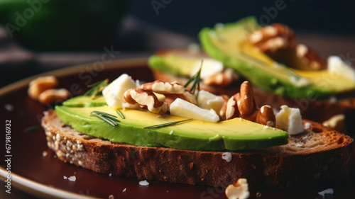 Avocado toast with walnuts and cheese on brown plate, closeup