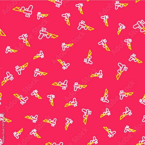 Line Fishing harpoon icon isolated seamless pattern on red background. Fishery manufacturers for catching fish under water. Diving underwater equipment. Vector