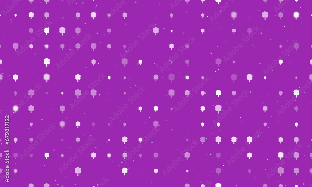 Seamless background pattern of evenly spaced white tree symbols of different sizes and opacity. Vector illustration on purple background with stars