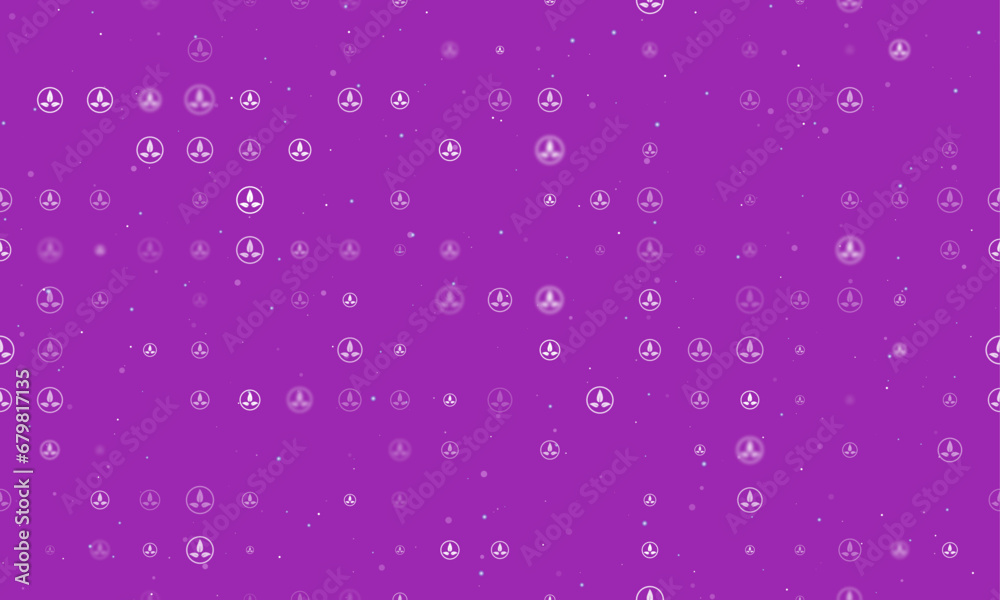 Seamless background pattern of evenly spaced white ecology symbols of different sizes and opacity. Vector illustration on purple background with stars