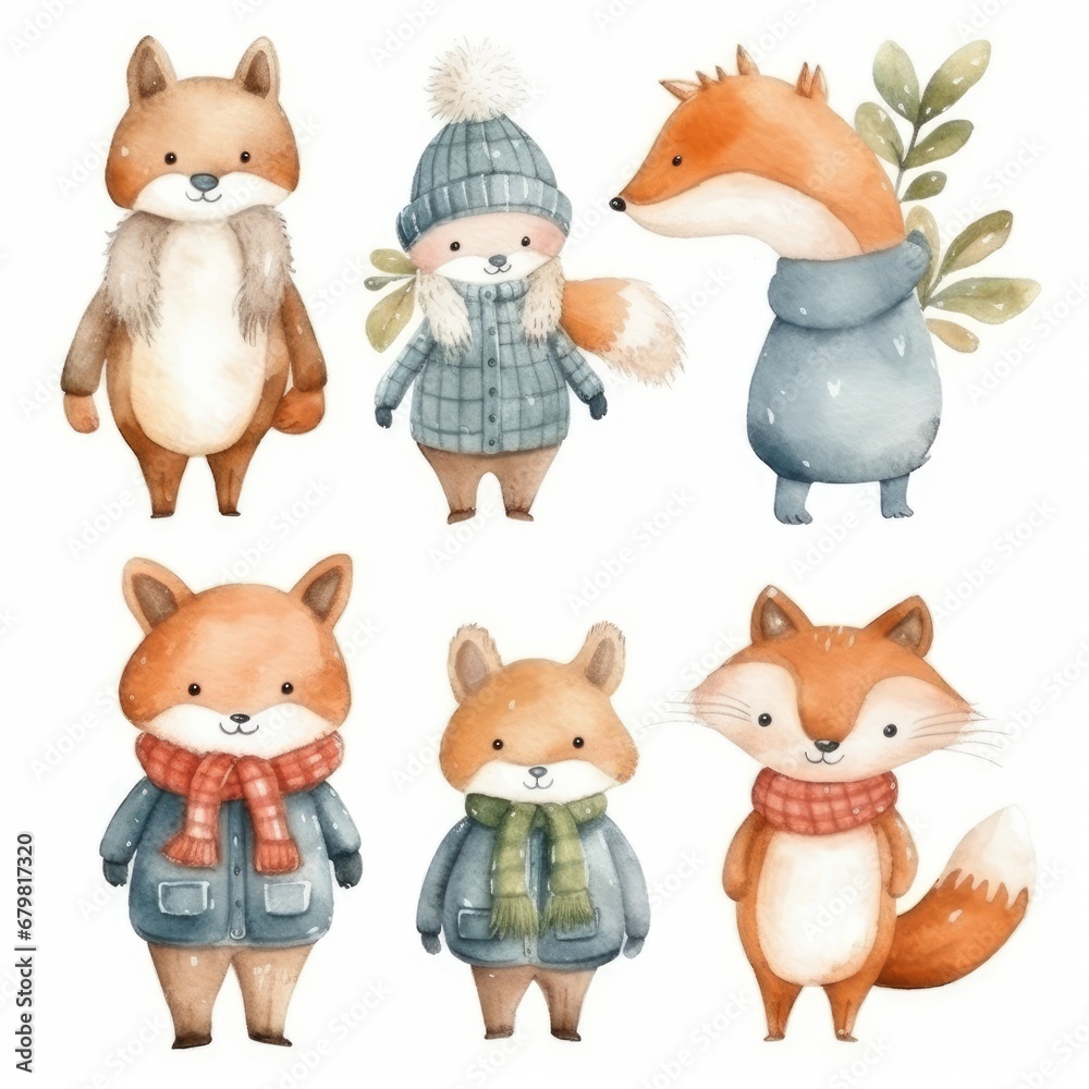 set different cartoon winter cute animals character of watercolors on white background