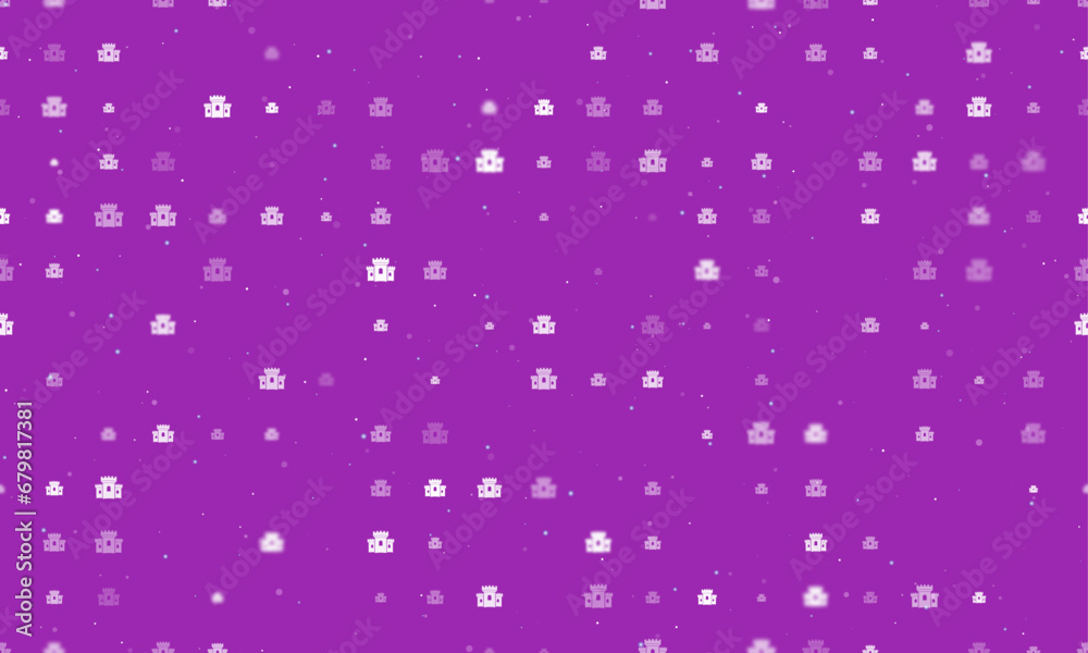 Seamless background pattern of evenly spaced white castle symbols of different sizes and opacity. Vector illustration on purple background with stars