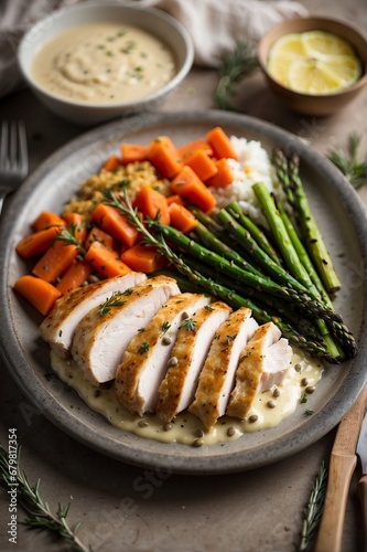 A Delicious Plate of Roasted Chicken with Asparagus, Carrots, and Creamy Mashed Potatoes