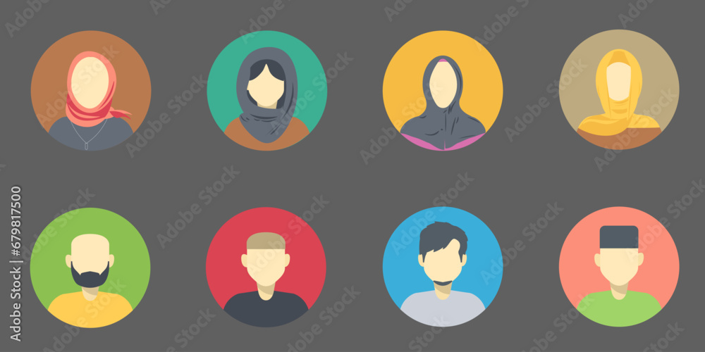 Muslim Avatar icon set. People character Islam. Muslim cartoon avatars. isolated background vector illustration. EPS10 Muslim Avatar icon set. People character Islam. Muslim cartoon avatars. isolated background vector illustration. EPS10