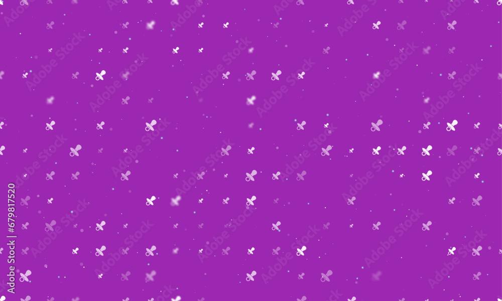 Seamless background pattern of evenly spaced white nipple symbols of different sizes and opacity. Vector illustration on purple background with stars