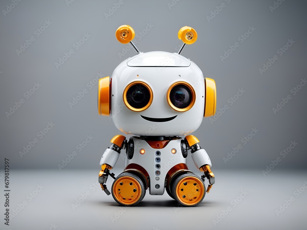 A Mechanical Marvel: The White Robot with Vibrant Orange Wheels Captivating the Tabletop