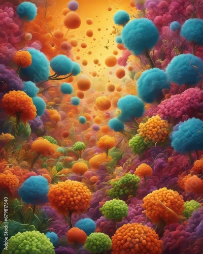 A vivid abstract illustration of the immune system fighting allergens. Surreal microscopic world of microorganisms