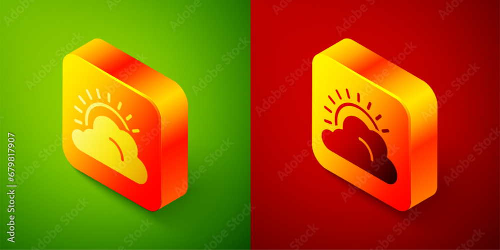 Isometric Sun and cloud weather icon isolated on green and red background. Square button. Vector Isometric Sun and cloud weather icon isolated on green and red background. Square button. Vector